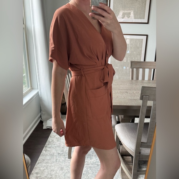 Women's Orange Rust Button-Down Tie Belt Dress - Picture 2 of 10